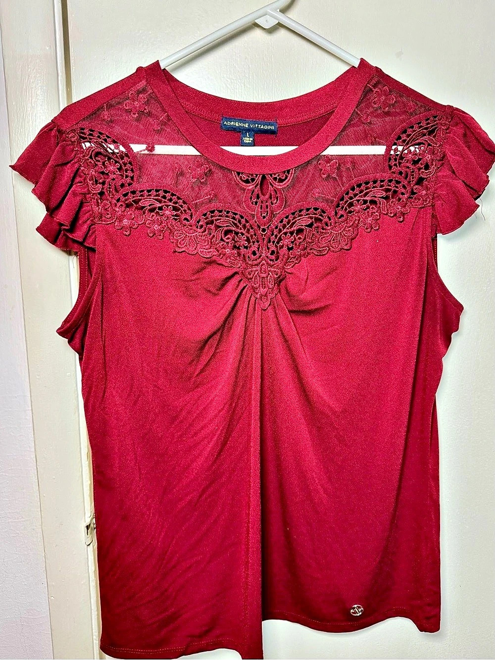 Adrienne Vittadini Lace Front Ruffle Sleeve Top in Red Size Medium Like New